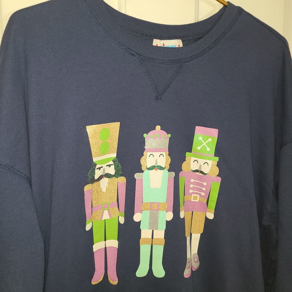 Ladies' Christmas Pastel Nutcracker Sweatshirt Glitter Navy Holiday Sweatshirt L